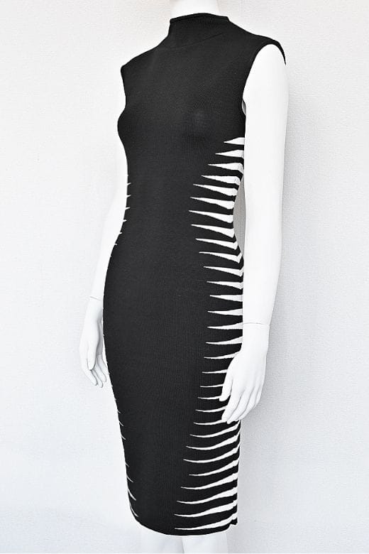 Classic Black Mock Neck Sleeveless Zigzag Side Panel Bandage Bodycon Midi Dress