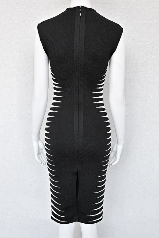 Classic Black Mock Neck Sleeveless Zigzag Side Panel Bandage Bodycon Midi Dress