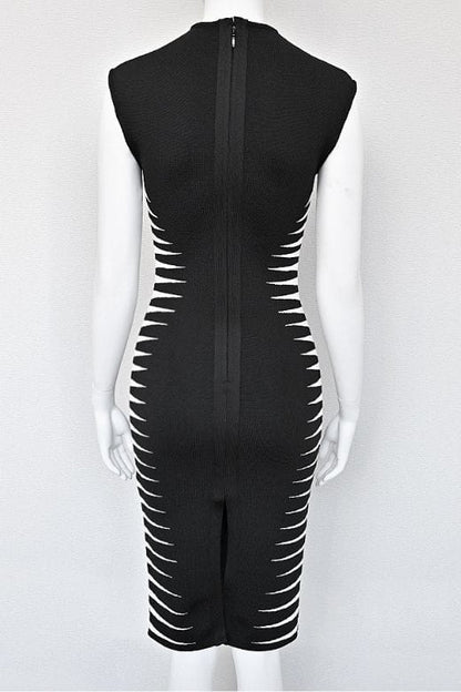 Classic Black Mock Neck Sleeveless Zigzag Side Panel Bandage Bodycon Midi Dress