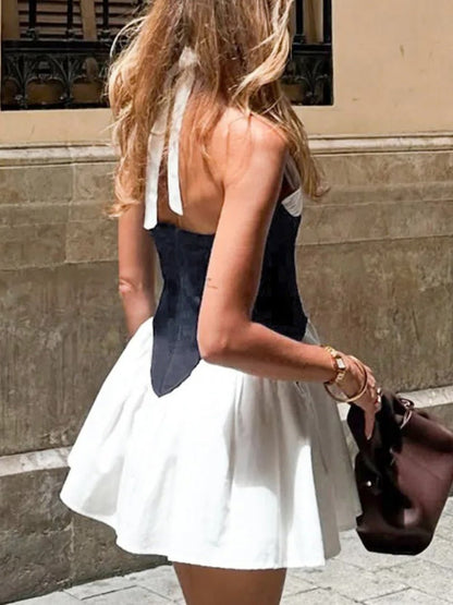White Halter Neck Deep V-Neck Denim Corset Waist Flare Mini Dress