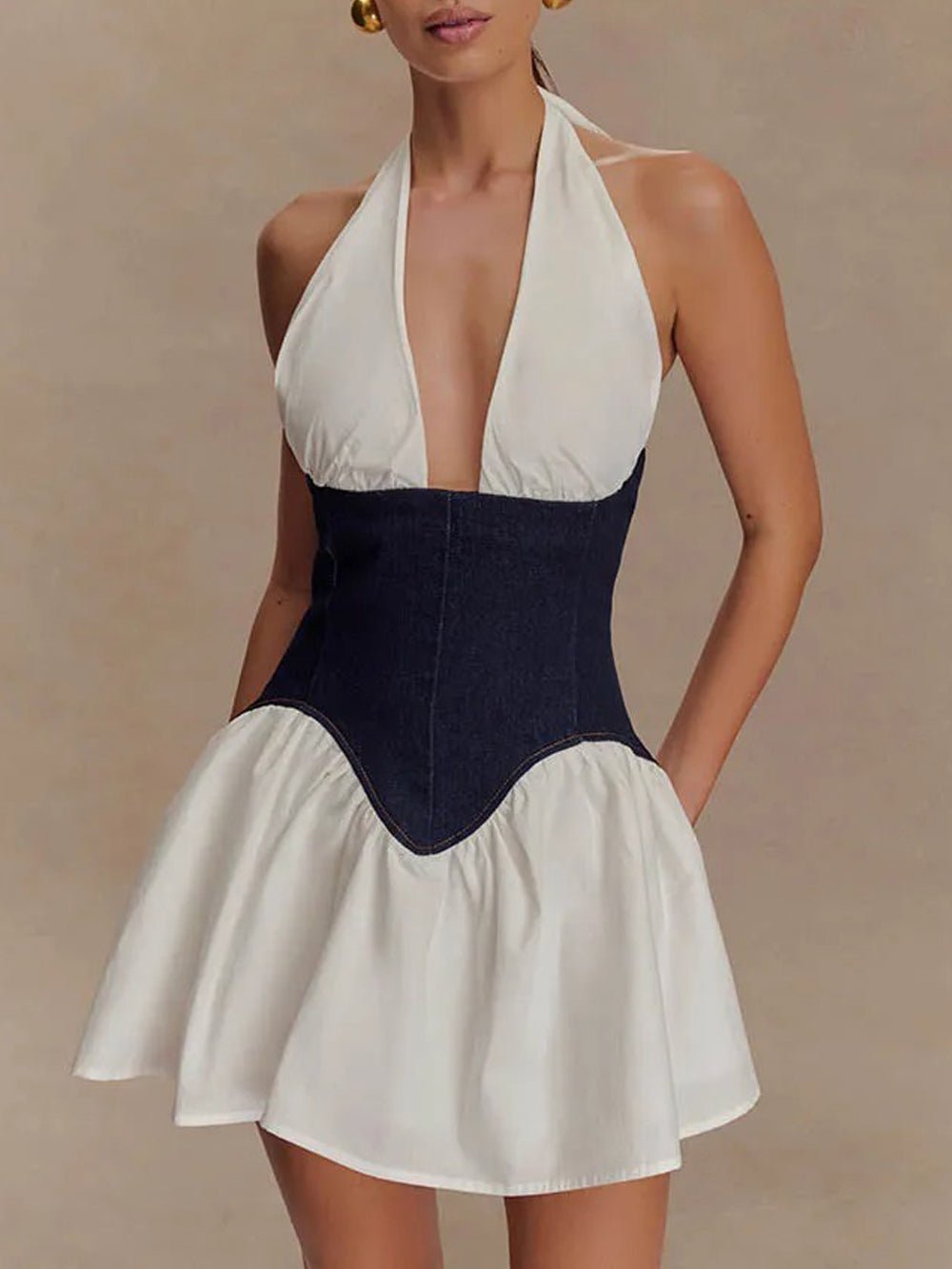 White Halter Neck Deep V-Neck Denim Corset Waist Flare Mini Dress