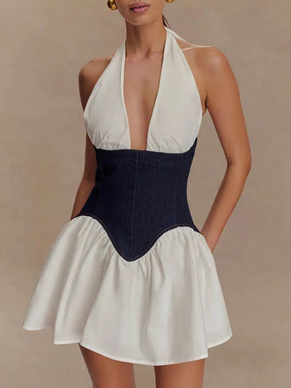 White Halter Neck Deep V-Neck Denim Corset Waist Flare Mini Dress