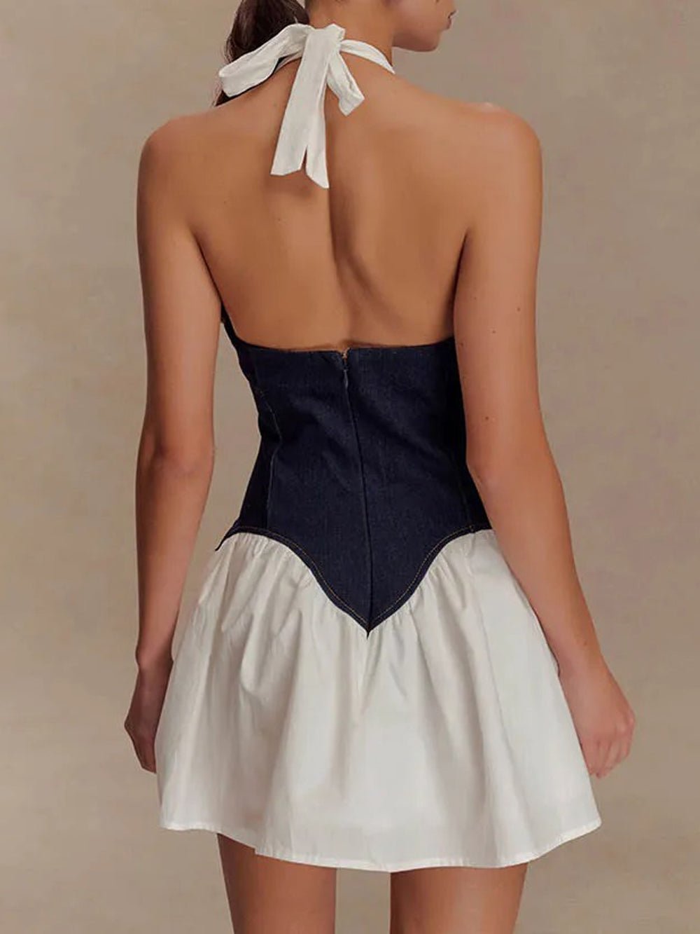 White Halter Neck Deep V-Neck Denim Corset Waist Flare Mini Dress