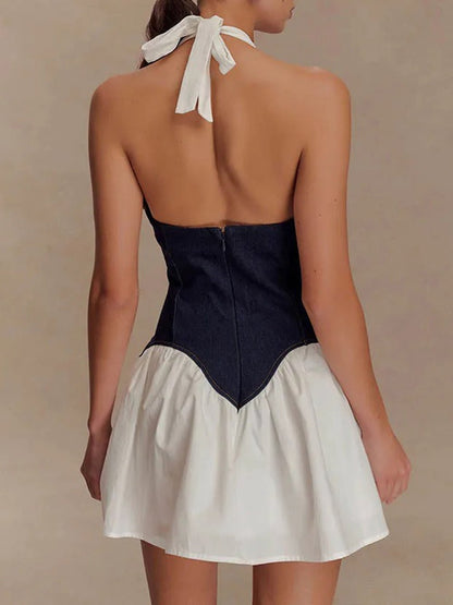 White Halter Neck Deep V-Neck Denim Corset Waist Flare Mini Dress