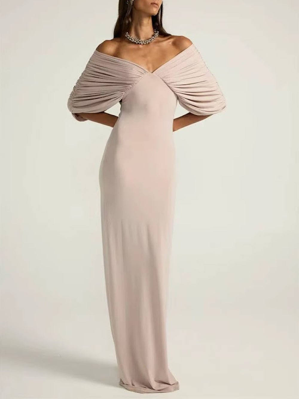 Pink Jersey Off Shoulder Deep V-Neck Ruched Pleated Draped Bodice Column Maxi Gown