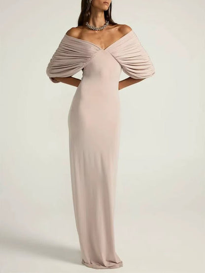 Pink Jersey Off Shoulder Deep V-Neck Ruched Pleated Draped Bodice Column Maxi Gown