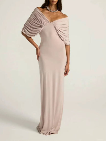 Pink Jersey Off Shoulder Deep V-Neck Ruched Pleated Draped Bodice Column Maxi Gown