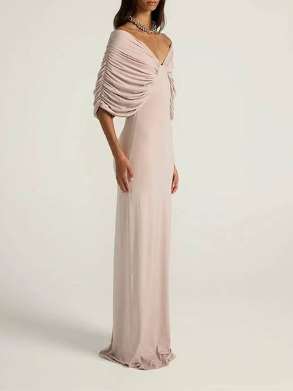 Pink Jersey Off Shoulder Deep V-Neck Ruched Pleated Draped Bodice Column Maxi Gown