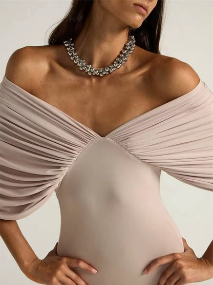 Pink Jersey Off Shoulder Deep V-Neck Ruched Pleated Draped Bodice Column Maxi Gown
