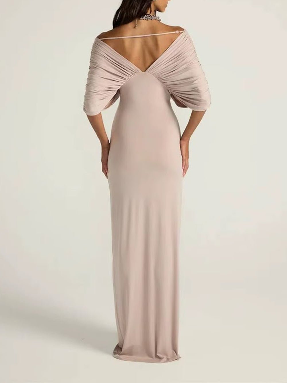 Pink Jersey Off Shoulder Deep V-Neck Ruched Pleated Draped Bodice Column Maxi Gown