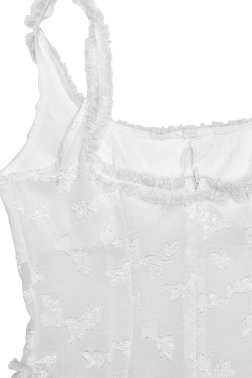 Pearl White Lace Panel Bustier Basque Waist High Split Flowy Maxi Dress