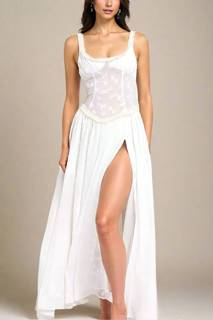Pearl White Lace Panel Bustier Basque Waist High Split Flowy Maxi Dress