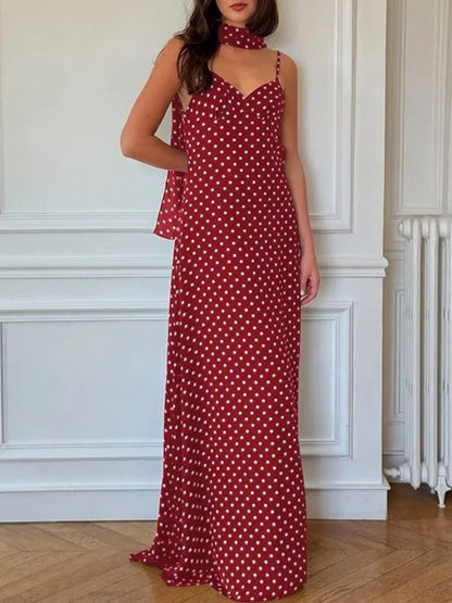 Polka Dot Spaghetti Strap Neck Scarf Slip Maxi Dress