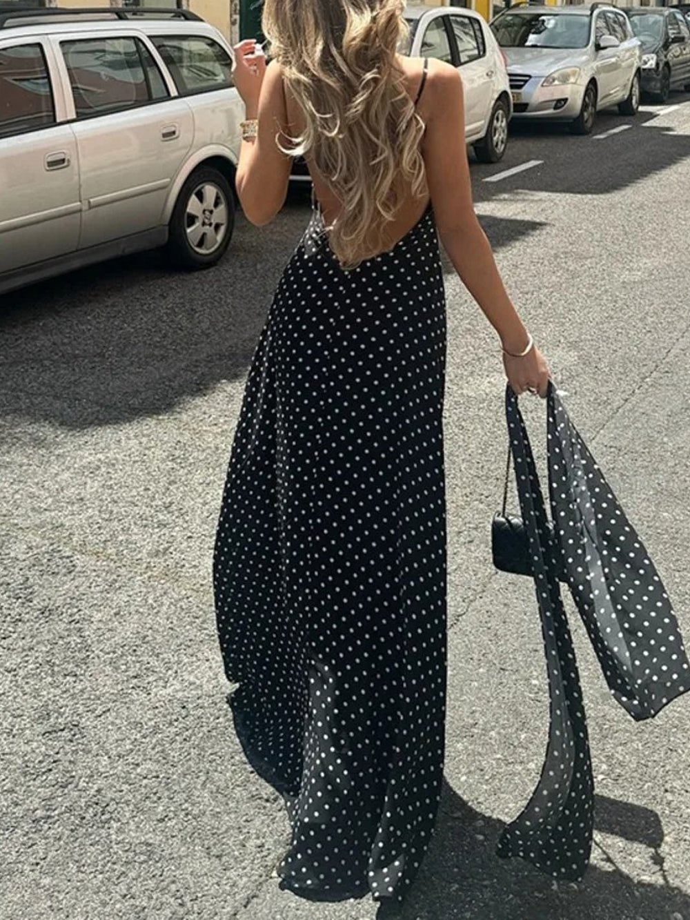 Polka Dot Spaghetti Strap Neck Scarf Slip Maxi Dress