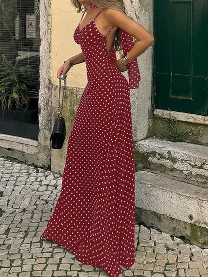 Polka Dot Spaghetti Strap Neck Scarf Slip Maxi Dress