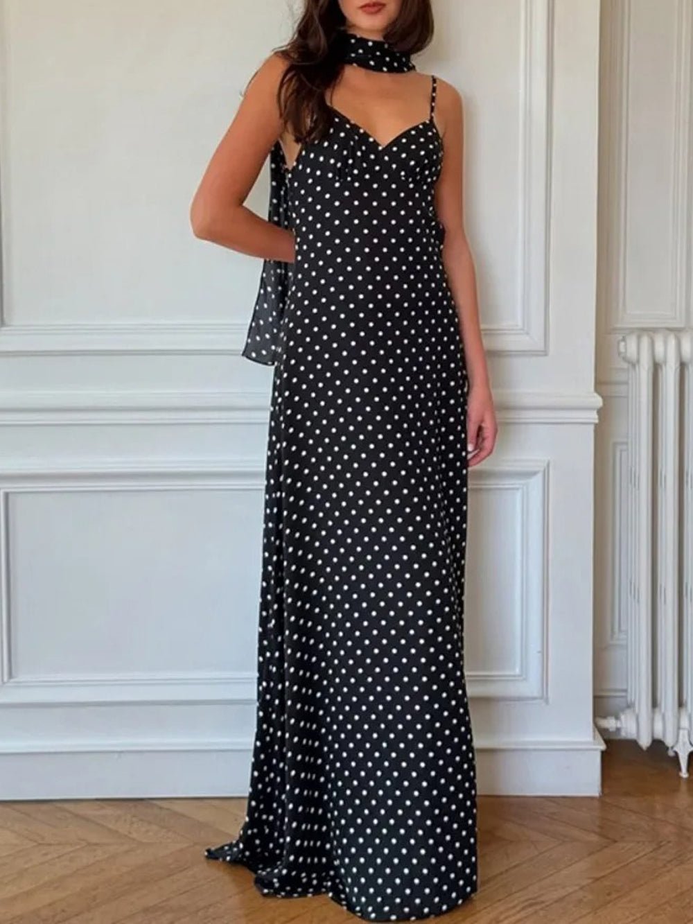 Polka Dot Spaghetti Strap Neck Scarf Slip Maxi Dress