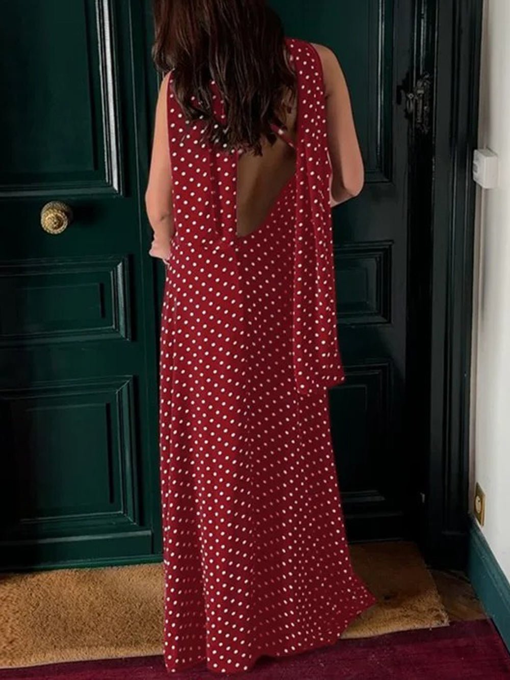 Polka Dot Spaghetti Strap Neck Scarf Slip Maxi Dress