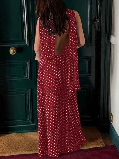 Polka Dot Spaghetti Strap Neck Scarf Slip Maxi Dress