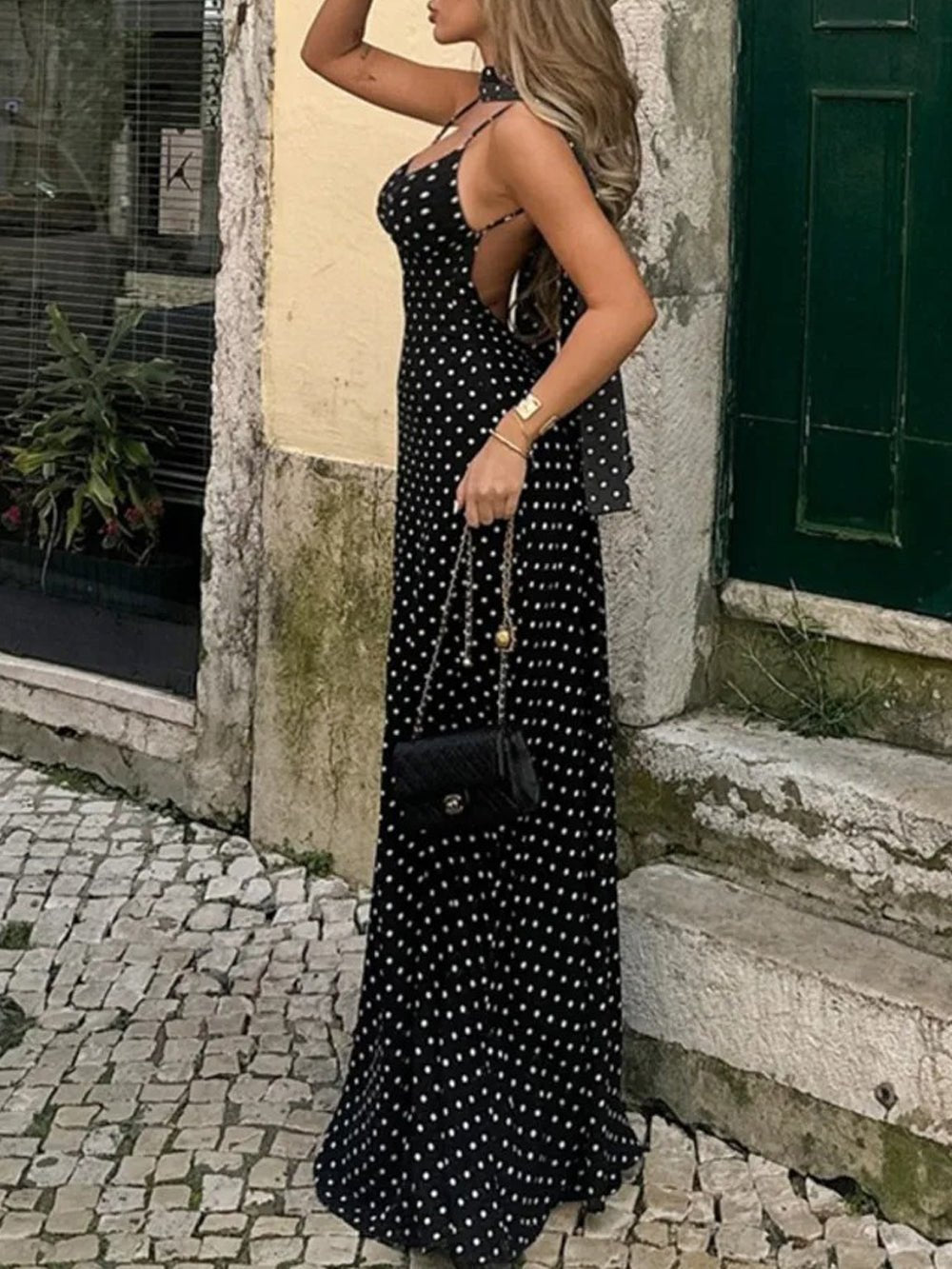 Polka Dot Spaghetti Strap Neck Scarf Slip Maxi Dress