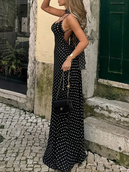 Polka Dot Spaghetti Strap Neck Scarf Slip Maxi Dress