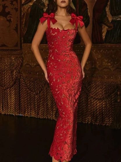 Lace Sweetheart Bow Strap Scalloped Hem Bodycon Maxi Dress