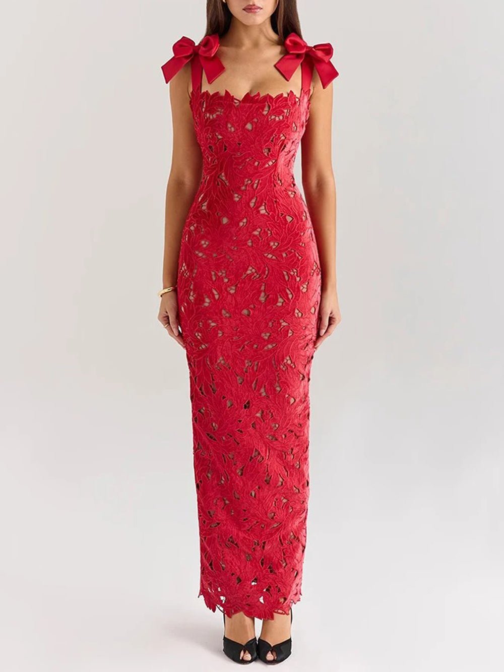 Lace Sweetheart Bow Strap Scalloped Hem Bodycon Maxi Dress