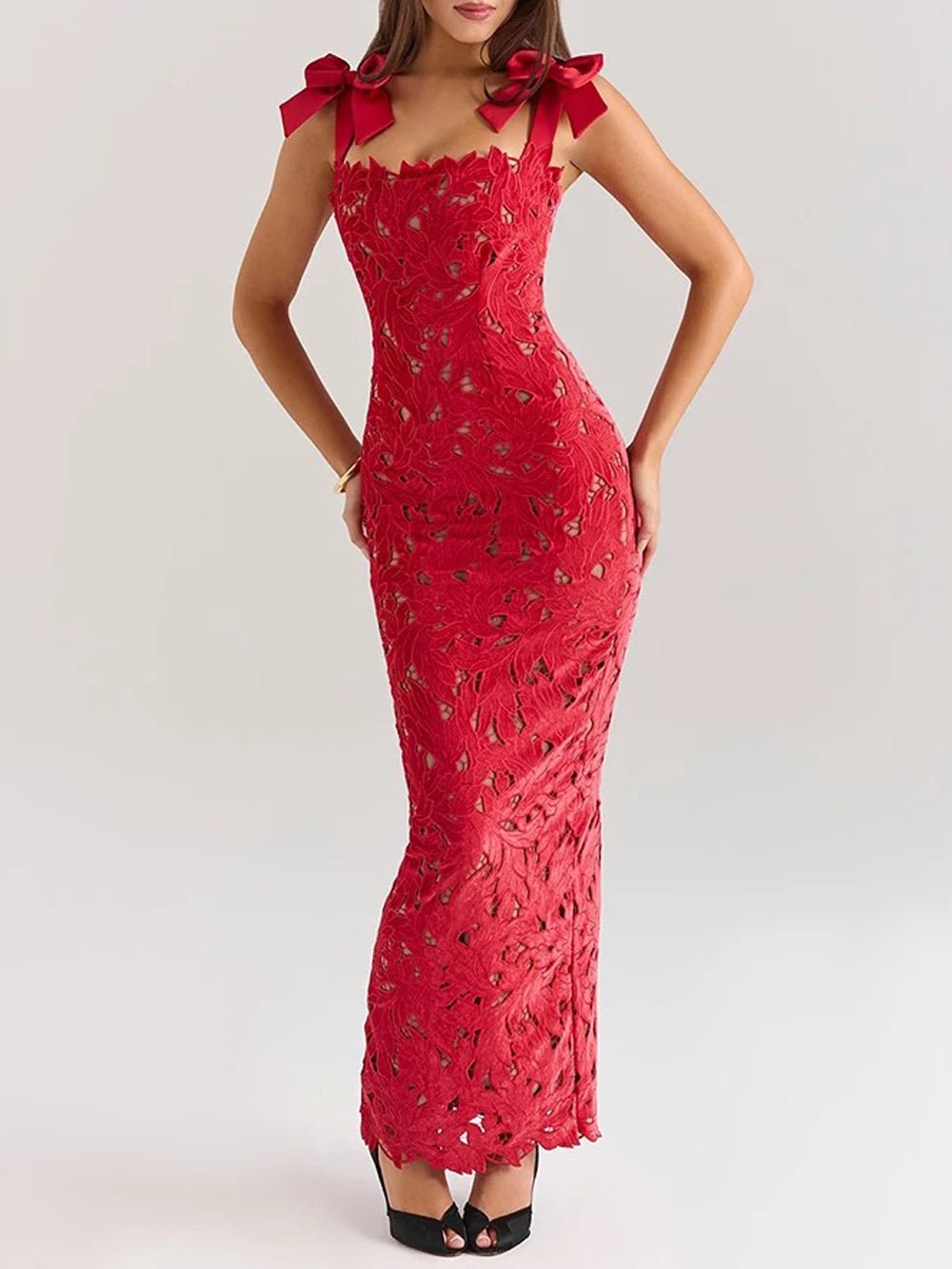 Lace Sweetheart Bow Strap Scalloped Hem Bodycon Maxi Dress