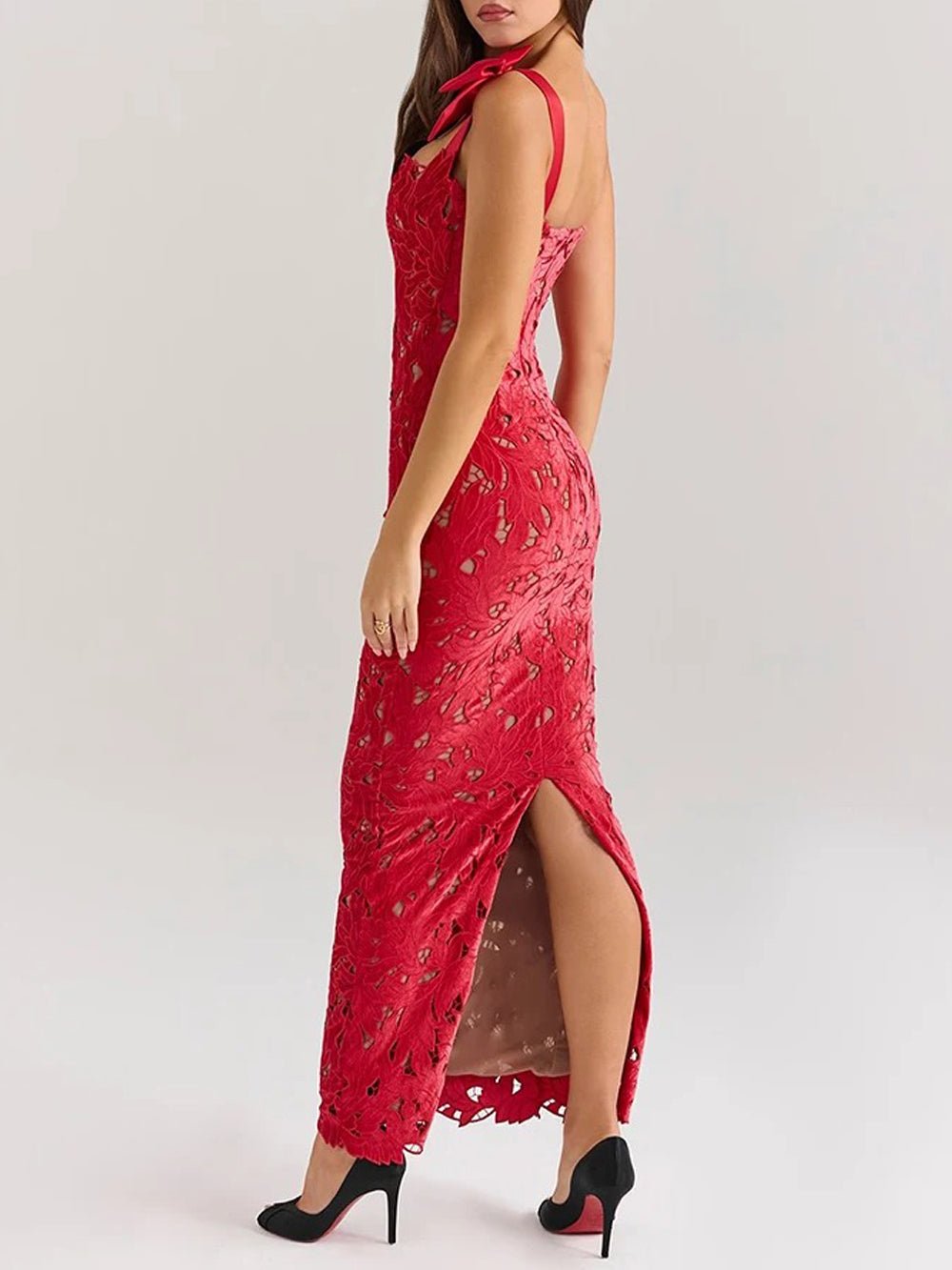 Lace Sweetheart Bow Strap Scalloped Hem Bodycon Maxi Dress
