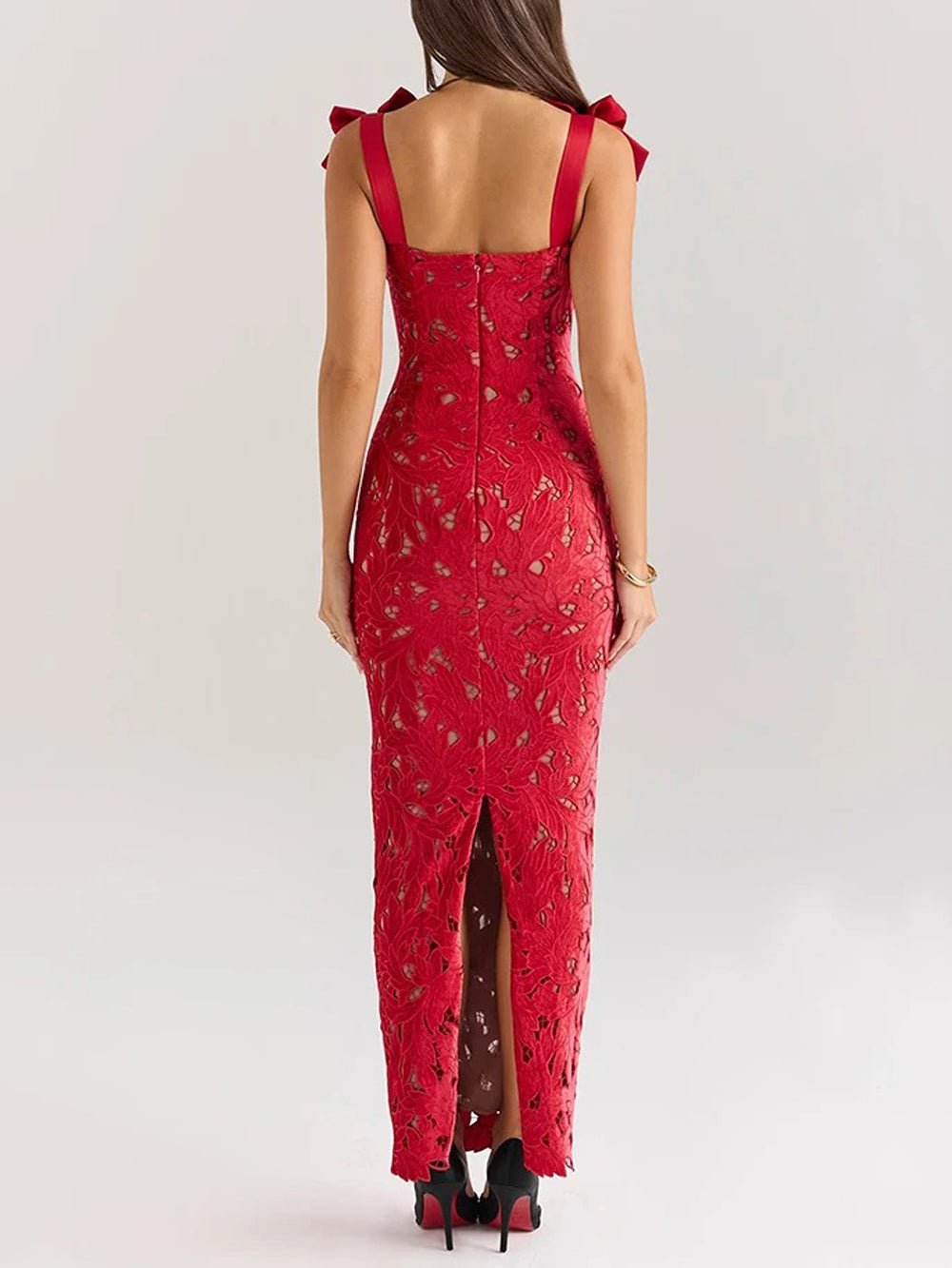 Lace Sweetheart Bow Strap Scalloped Hem Bodycon Maxi Dress