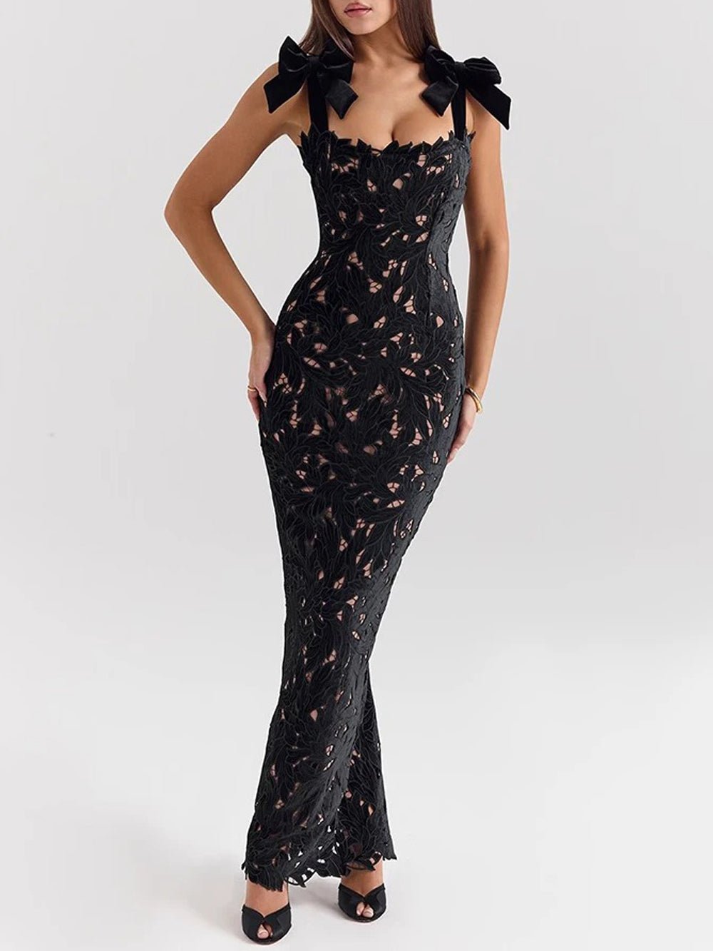 Lace Sweetheart Bow Strap Scalloped Hem Bodycon Maxi Dress