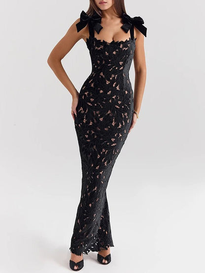 Lace Sweetheart Bow Strap Scalloped Hem Bodycon Maxi Dress