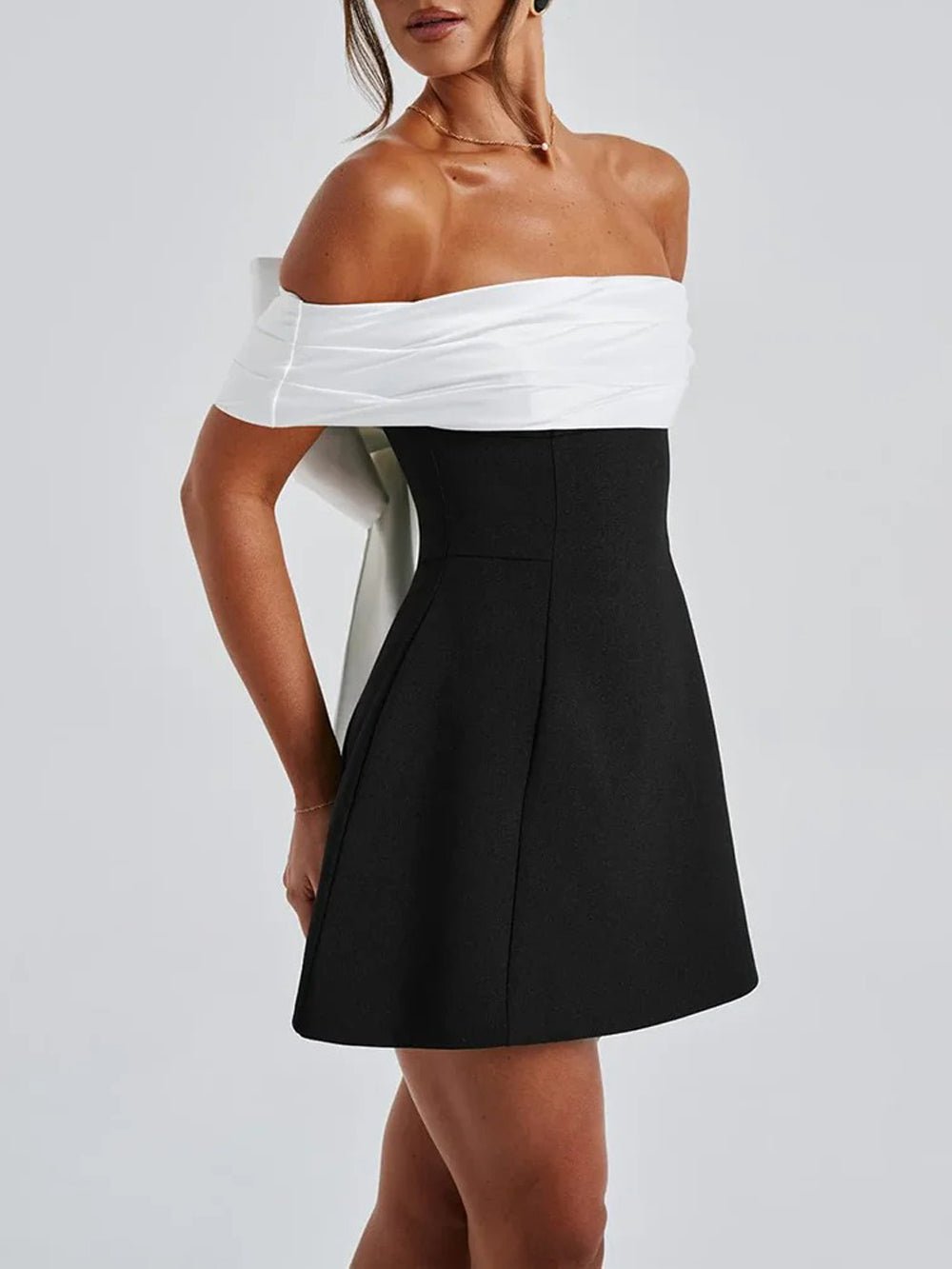 Black Off Shoulder Colorblock Structured Fit and Flare Mini Dress