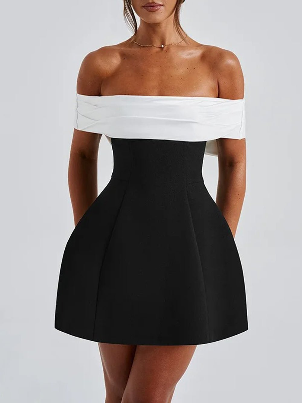 Black Off Shoulder Colorblock Structured Fit and Flare Mini Dress