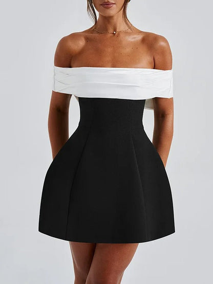 Black Off Shoulder Colorblock Structured Fit and Flare Mini Dress