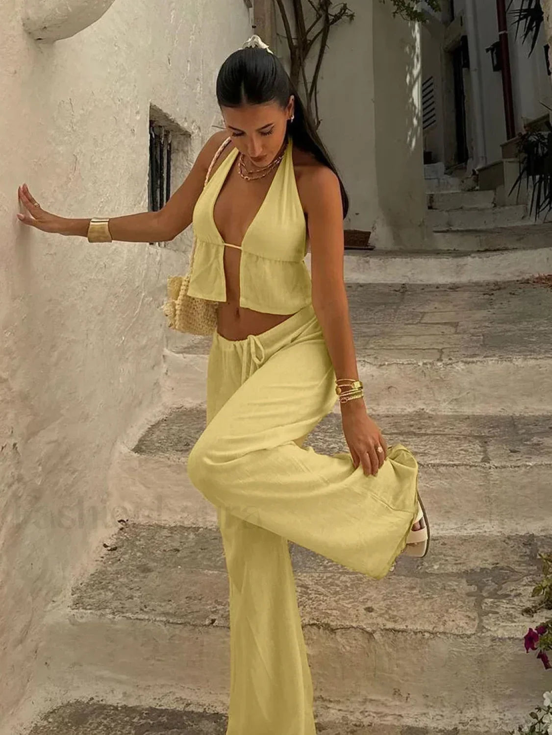 Cotton V-Neck Lace Pants Two Piece Set