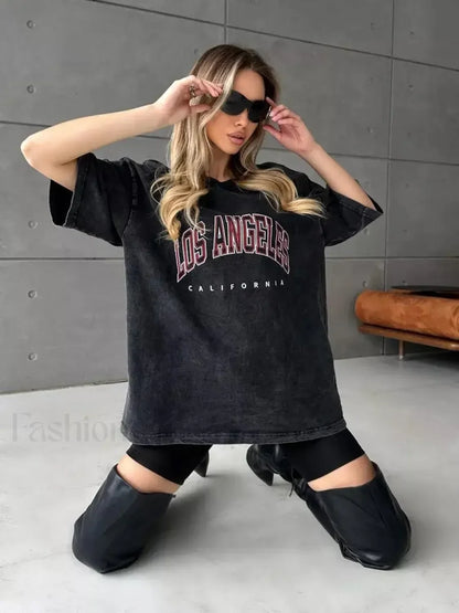 Cotton Washed Los Angeles Callfornia Print T-Shirt