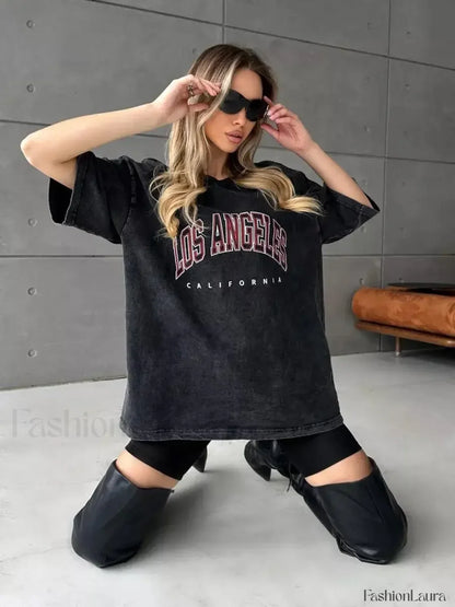 Cotton Washed Los Angeles Callfornia Print T-Shirt