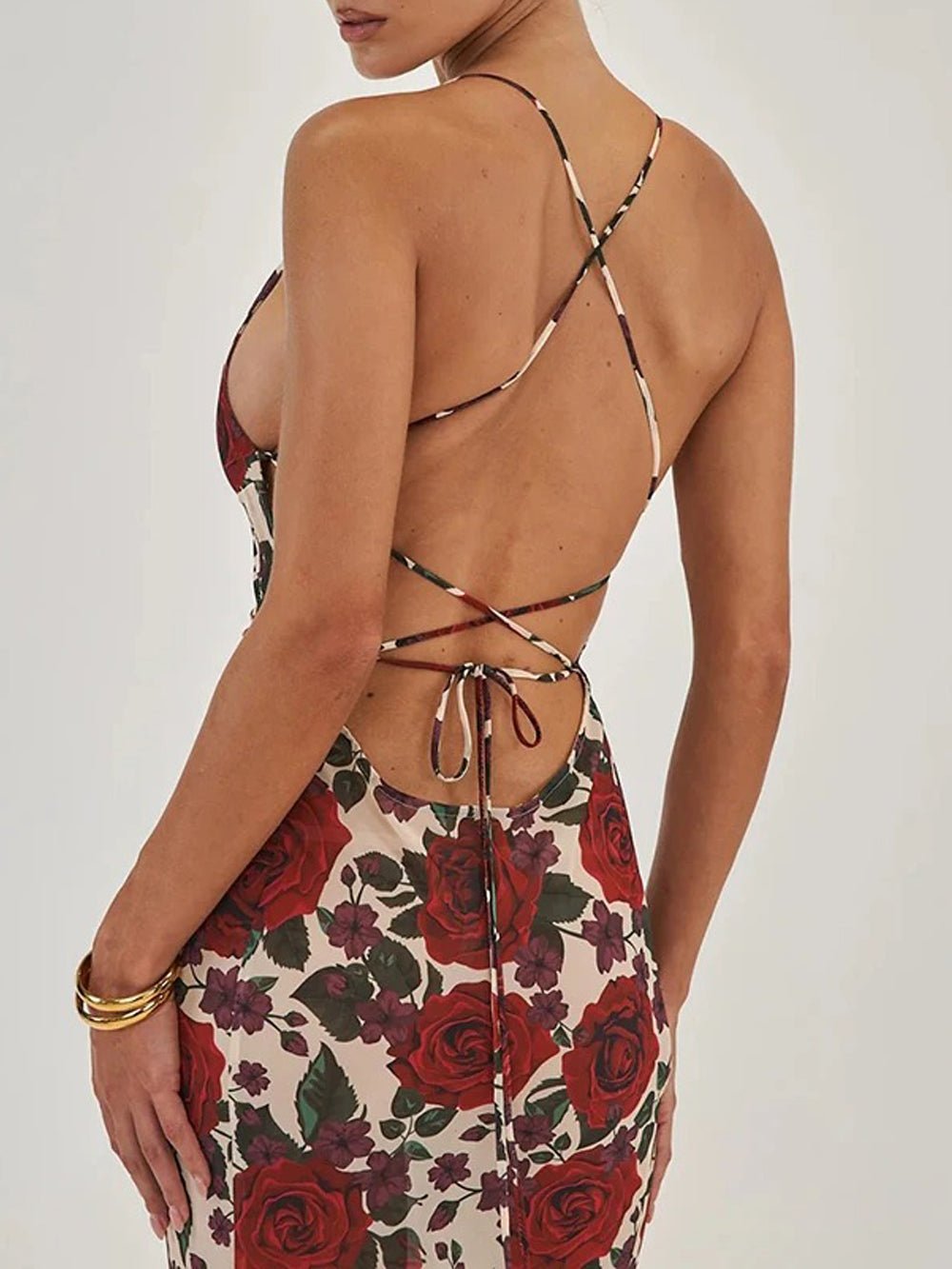Red Floral Print Halter Deep V-Neck Bodycon Maxi Dress