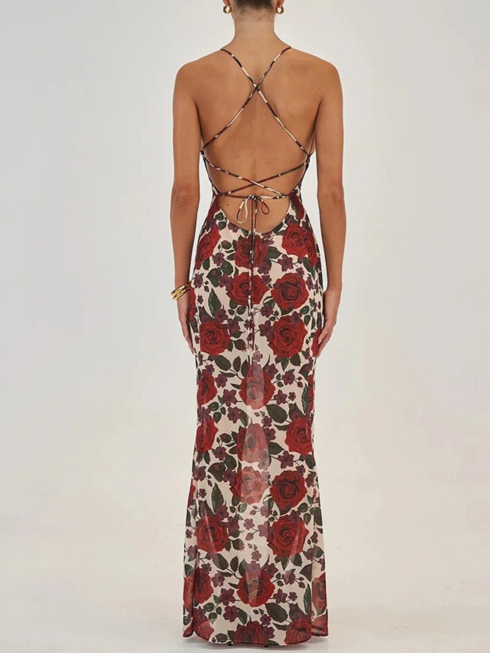 Red Floral Print Halter Deep V-Neck Bodycon Maxi Dress