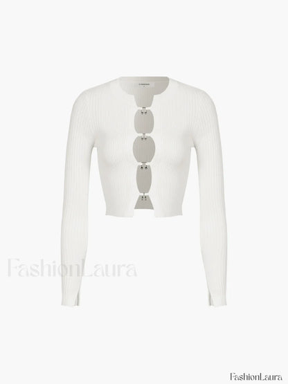 Cutout Split Beads Detail Ribbed Knit Top