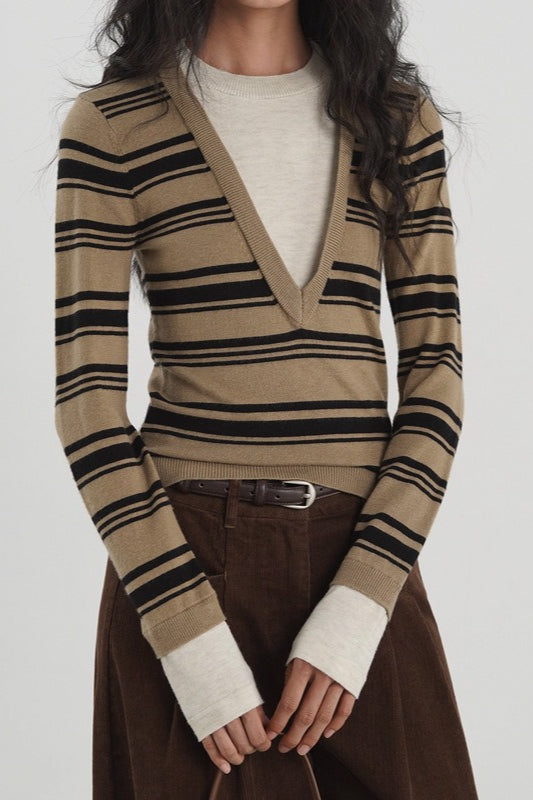 Striped Contrast Panel Deep V-Neck Knit Top