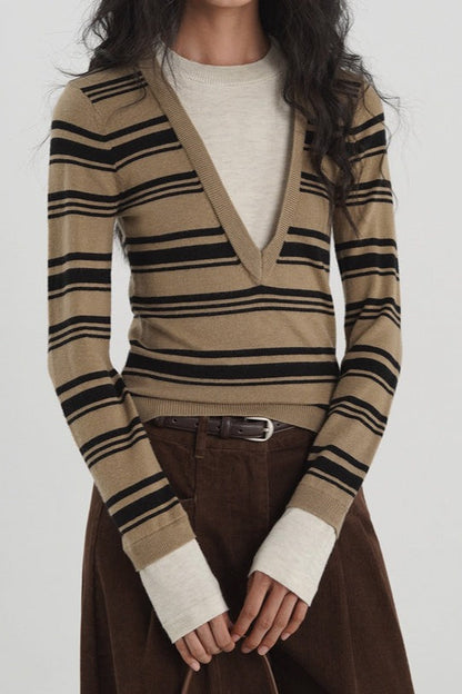 Striped Contrast Panel Deep V-Neck Knit Top