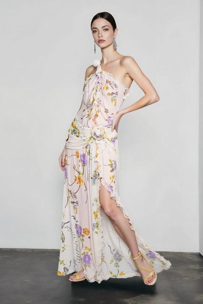 One Shoulder Floral Print Draped Rosette Waist Ruffle Slit Maxi Dress