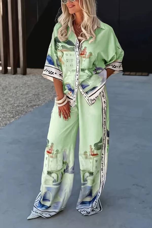 Oil Painting Building Print Satin Shirt & Wide Leg Pants Vacation 2 Piece Set