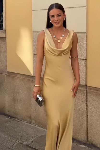 Draped Neck Backless Waist Cinch Elegant Formal Dress