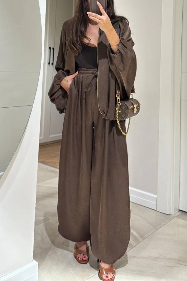 Brown Jacket + Drawstring Pants Casual Two-piece Suit