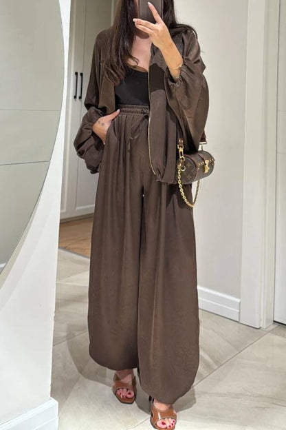 Brown Jacket + Drawstring Pants Casual Two-piece Suit