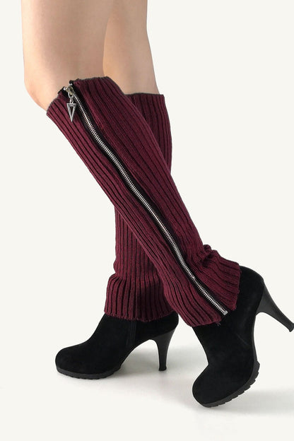 Ribbed Knit Zipper Chunky Leg Warmers