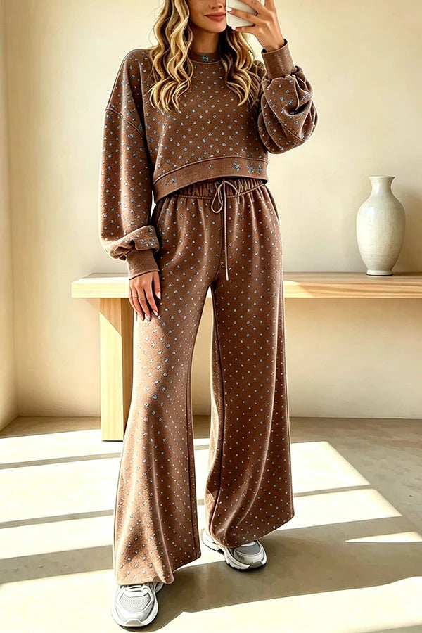 Relaxed and Casual Polka Dot Print Long Sleeve Sweatshirt and Drawstring Elastic Waist Pants Set