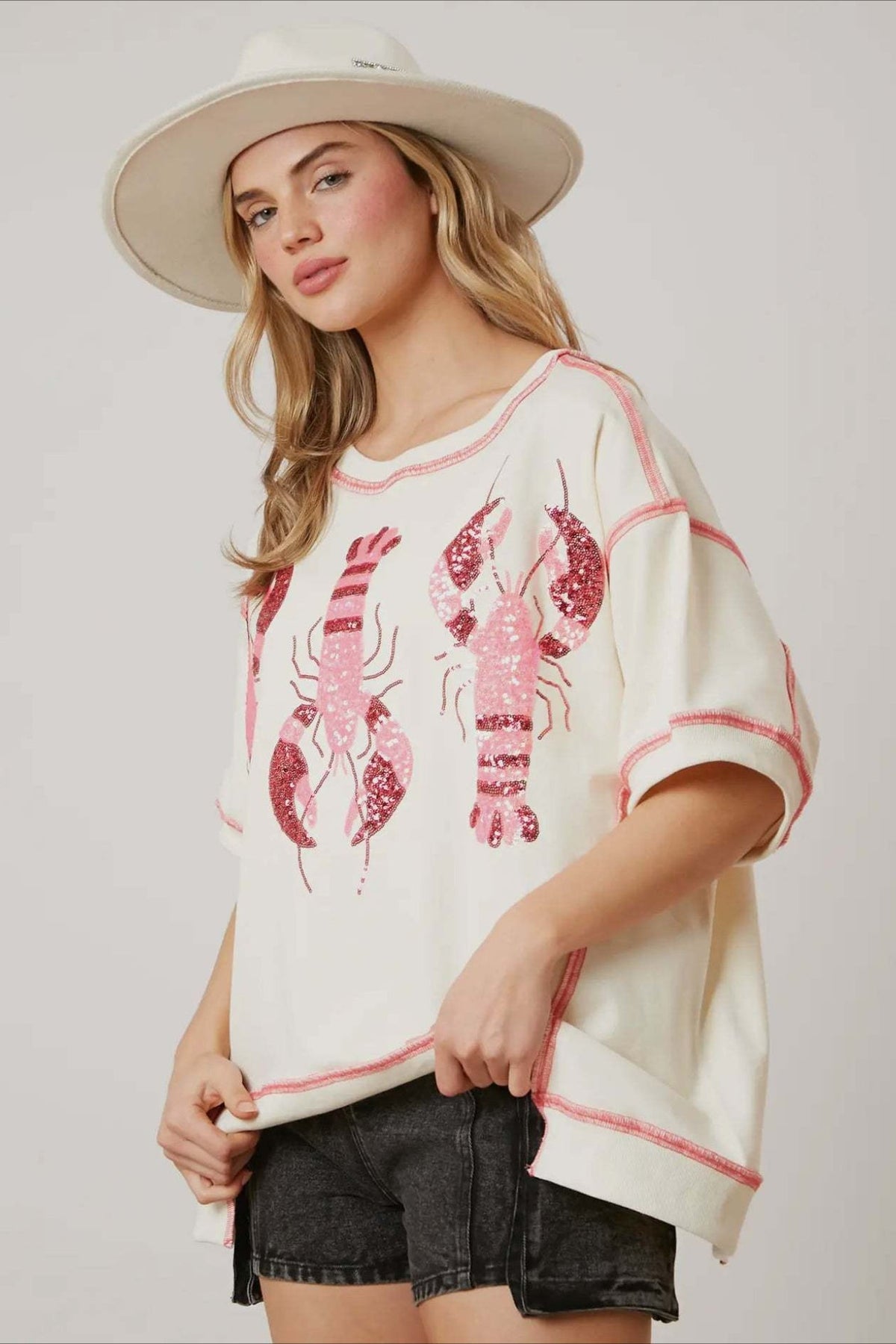 Sequin Lobster Contrast Stitch Oversized T-Shirt